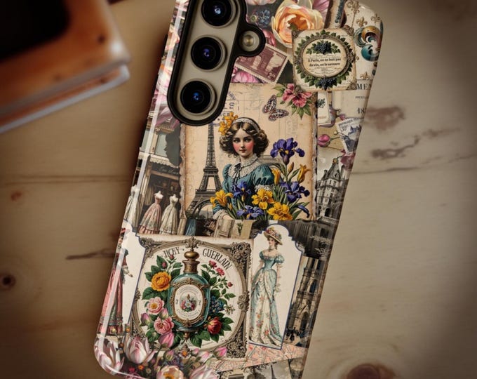 Vintage French Junk Journal Tough Phone Case Matte Glossy Travel Boho Paris Preppy Gifts, iPhone Samsung Galaxy, Gift for Traveler, French