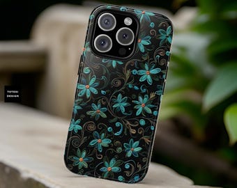 Tough Cases - Turquoise Whimsical Floral Phone Case for iPhone, Samsung - Glossy Matte, Protect Your Device in Style, Gift for Tech