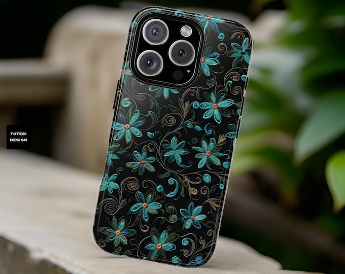 Tough Cases - Turquoise Whimsical Floral Phone Case for iPhone, Samsung - Glossy Matte, Protect Your Device in Style, Gift for Tech