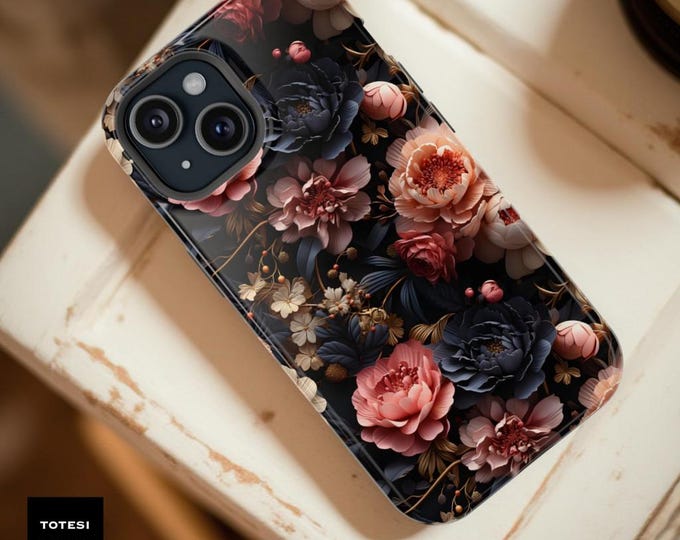 Dark Floral MagSafe iPhone Case: Bohemian Academia Tough Phone Cover