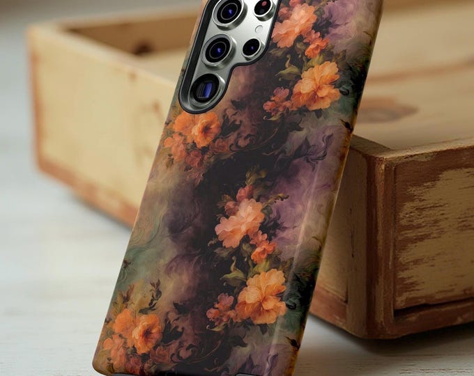 Floral Phone Case - Tough Cases, Stylish Phone Accessories, Flower Pattern Cover, Dark floral Orange roses  Phone Protection