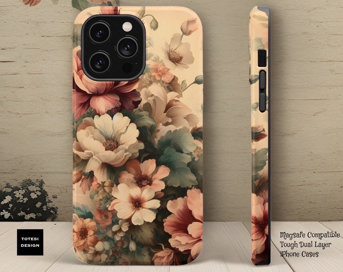 Magnetic Tough Cases, Vintage Floral Art iPhone 13 14 15 16 Pro Max Plus Mini, matte or glossy, MagSafe Compatible. Sturdy phone case