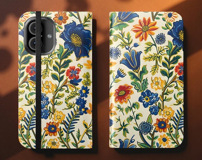Phone Case Wallet, French Flower Garden Folio Stand Card Holder, Samsung S25 S24 S23, iPhone 16 15 14 13