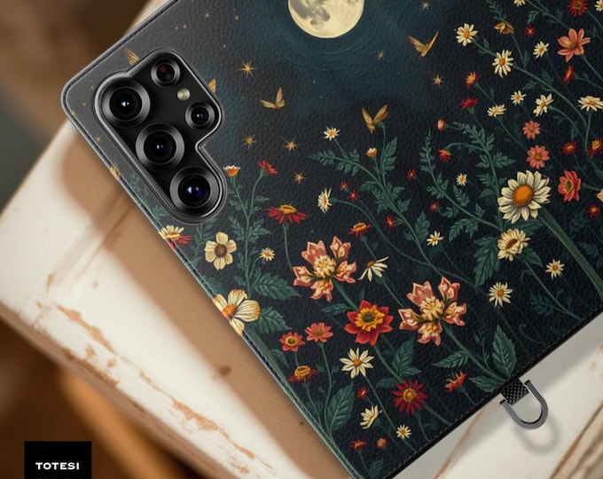 Celestial Night Garden Floral Phone Wallet Case: Faux Leather Flip Cover