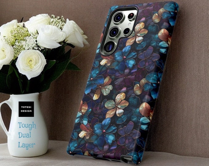 Blue Floral Dark Mosaic Art Aesthetic | Samsung Galaxy Tough Case S25 S24 S23 S22 Plus Ultra| Stained glass effect Gothic | Glossy or Matte