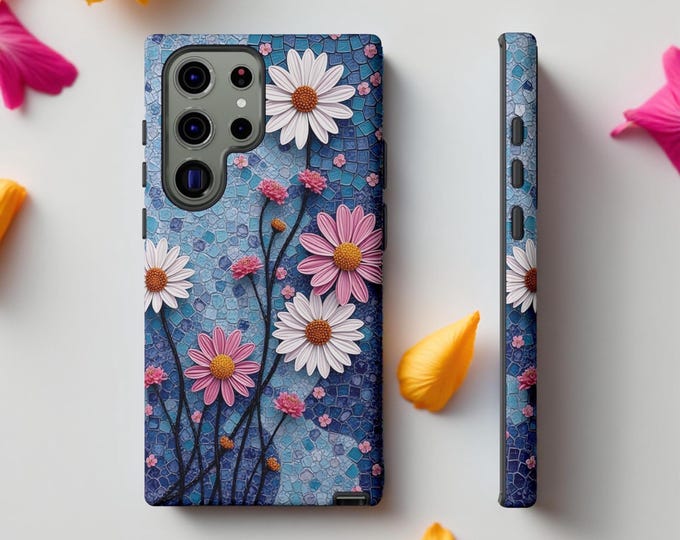 Daisy Flower Phone Case, Tough Samsung Galaxy iPhone Case, Colorful Floral Art, Unique Whimsy Design, Modern Blue Pink Case, Protective