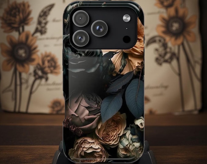 Dark Floral Academia Gothic iPhone Case: MagSafe 17 16 15 14, Sturdy Dual Layer