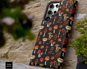 Dark Whimsical Fall Cottagecore Mushrooms, Samsung Galaxy Tough Phone Cases S23 S22 S21 Plus Ultra Gothic leaves, Glossy or Matte
