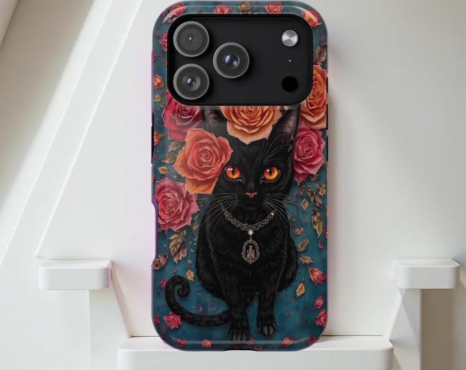 Black Cat Floral iPhone Case: Whimsical Witchy Goth MagSafe Cover
