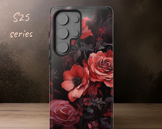 Gothic Red Floral Tough Phone Cases for Samsung Galaxy & iPhone | Academia Victorian Design | S21 S22 S23 S24 S25| iPhone 16 15 14 13 12 |