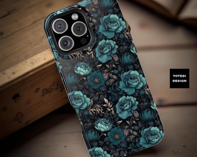 Teal Floral iPhone Case: MagSafe Compatible, Dual Layer Protection