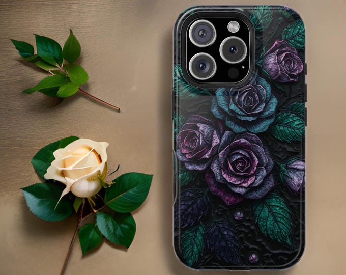 Phone Case, Gothic Dark Roses Flowers, iPhone 16 15 14 13 Pro Max Plus, Matte Glossy, Dark Academia Winter, Magnetic Tough Cases