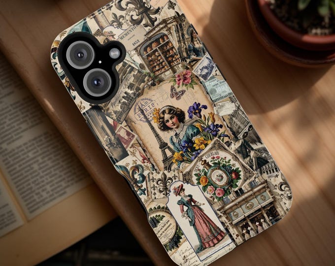 Vintage Paris Junk Journal Magnetic Tough Case for iPhone 16 15 14 13 Pro Max Plus, Glossy or Matte, Traveler Gift, France