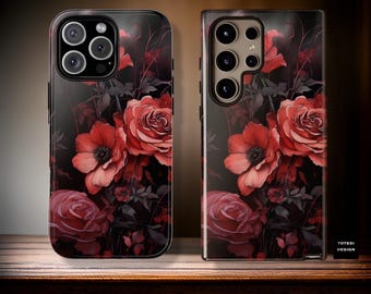 Gothic Red Floral Tough Phone Cases for Samsung Galaxy & iPhone | Academia Victorian Design | S21 S22 S23 S24 | iPhone 16 15 14 13 12 11 |