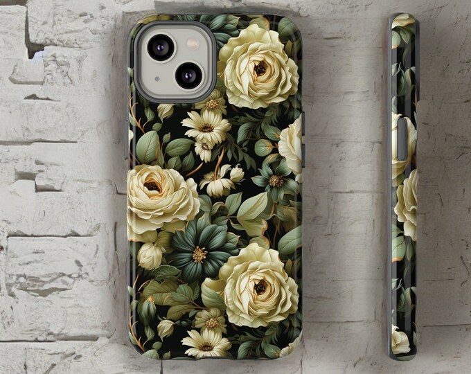 Green cream vintage floral botanical iPhone tough case 15 14 13 12 Pro Max Plus | ornamental Victorian Gothic |Glossy Matte