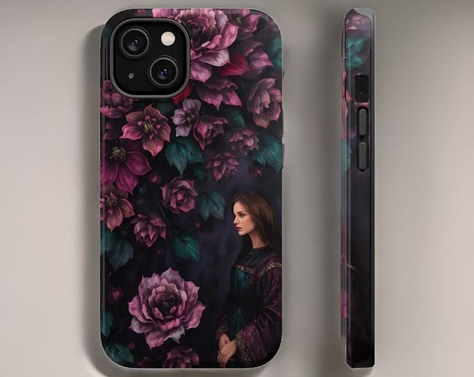 Magnetic Tough Cases, Mystical Medieval iPhone Protective Case, Dark Floral Academia, MagSafe Compatible, 16, 15, 14, 13, Pro Max Plus