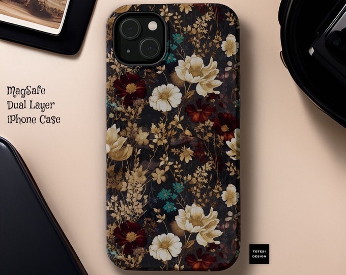 Tough Case, Dark Boho Chic Botanical Floral iPhone Magnetic Cover, Glossy Matte, Brown Design, Compatible with iPhone 16 15 14 13 Pro Max