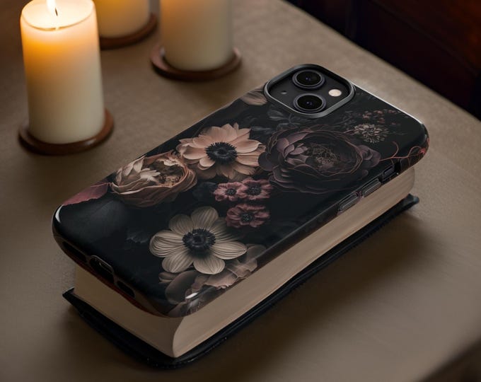Dark Floral Academia, iPhone 16 15 14 13 12 Tough Sturdy Phone Case | ornamental Victorian Gothic Black | Glossy Matte