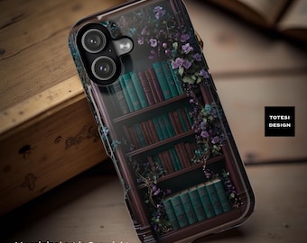 Vintage Bookcase Bookish Magnetic iPhone Case Green Dark Floral Academia unique Art