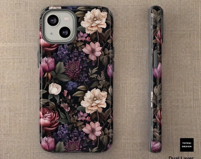 Floral Dark Purple Goth Academia, iPhone Tough Case 16 15 14 13 12 11 Pro Max Plus | Samsung Galaxy S24 S23 S22  Plus Ultra Glossy or Matte