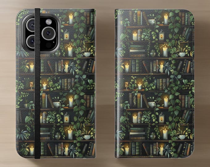 Flip Cases, Green Cute Bookshelf Plants Books Phone Case Cover Wallet iPhone - Built in Stand, Cardholder, Protective, Bookish, Reader gift