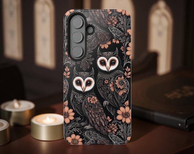 Whimsy Goth Owls Tough PhoneCase - Samsung Galaxy iPhone 16 15 14 13 12 11 S25 S24 S23 S22 S21 Plus, Gift for Owl Lovers