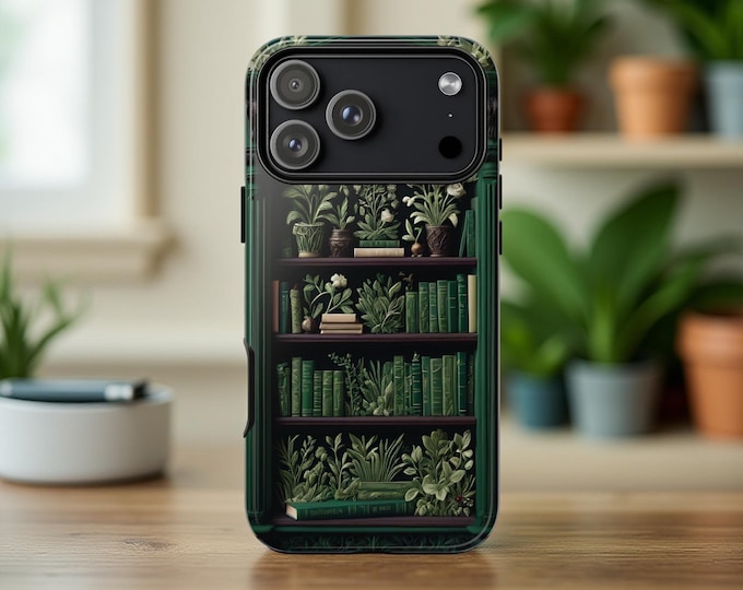 Green Gothic Bookcase Phone Case: Bookish Garden Library