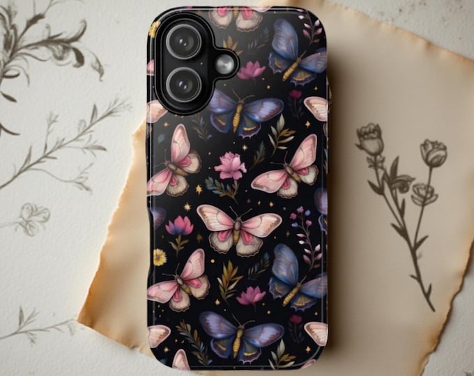 Floral Moth Phone Case: Tough Dual Layer Protection, Midnight Garden