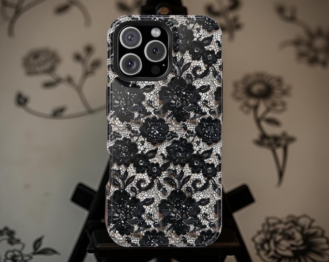 Black Lace MagSafe iPhone 16 17 Pro Max Air Case: Goth Romantic Floral Cover