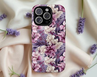 Floral mauve aesthetic tough phone case | iPhone 16 15 14 13 12 Pro Max Plus or Samsung Galaxy S25 S24, S22, S23 Plus, Ultra| Glossy Matte