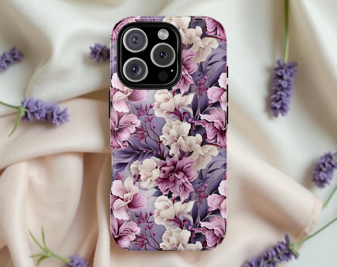 Floral mauve aesthetic tough phone case | iPhone 16 15 14 13 12 Pro Max Plus or Samsung Galaxy S25 S24, S22, S23 Plus, Ultra| Glossy Matte