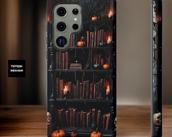 Samsung Gothic Bookshelf Halloween Spooky Fall Galaxy Tough Phone Case 24 23 22 21 20 Plus Book Shelf Vintage Books Glossy or Matte