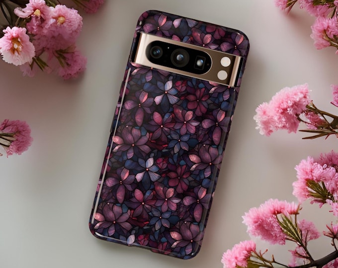 Google Pixel  9 8 7 6 5 Pro Tough Case Purple Berry Floral Winter Aesthetic, Gift for friend , Purple lover