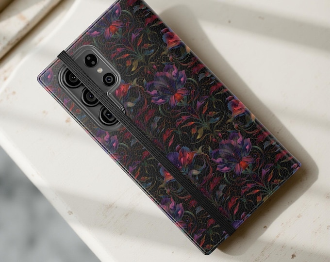 Dark Floral Vintage Style Art Nouveau, Phone Cover Wallet Cardholder Stand, Faux Leather