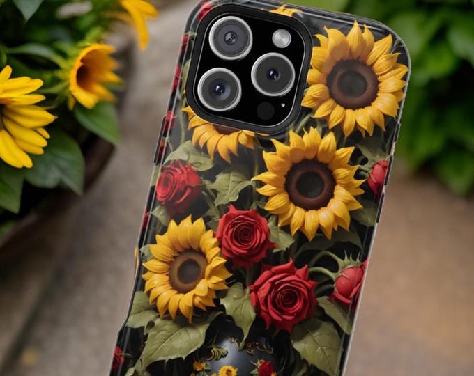 Sunflowers and red roses floral artsy  iPhone magnetic tough  13 14 15 16 Pro Max Plus Mini | Glossy or Matte | Art lover eclectic bold
