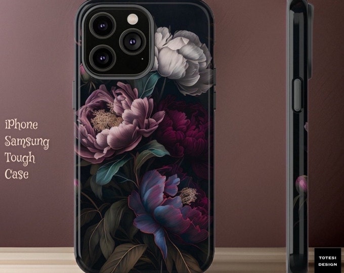 Dark Floral Art, iPhone dual layer case 15 14 13 12 11 Pro Max Plus| ornamental Victorian Gothic Black Botanical Peony Nature aesthetic