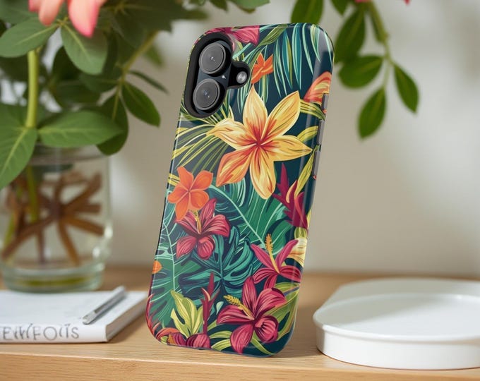 Tropical Summer Magnetic Tough Case, Retro Colorful iPhone Case 16 15 14 13,  MagSafe Case, Floral Phone Cover, Protective Phone Case