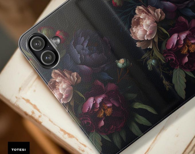 Dark Floral Wallet Phone Case: Goth Bohemian Faux Leather Folio