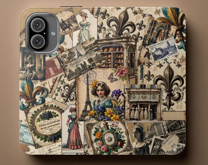 French vintage unique Phone Case Wallet, French Flower Travel History Lover Women, Samsung S25 S24 S23, iPhone 16 15 14 13