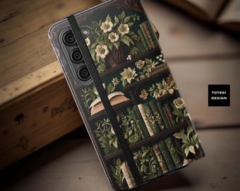 Botanical Bookshelf iPhone Wallet Case: Vintage Floral Phone Cover Stand