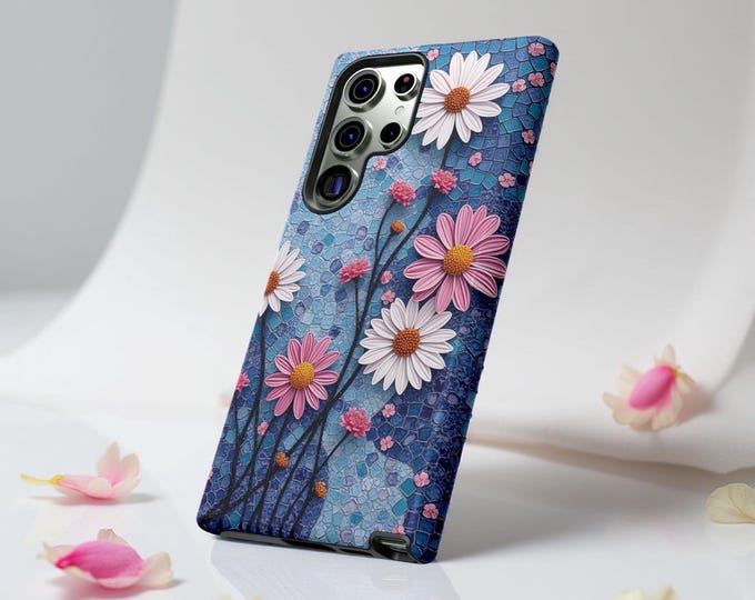 Daisy Flower Phone Case, Tough Samsung Galaxy iPhone Case, Colorful Floral Art, Unique Whimsy Design, Modern Blue Pink Case, Protective