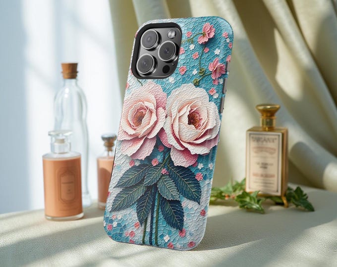 Pink Roses Artsy MagSafe Tough Case - Boho Art Protective Cover, 13-16 Pro Max Plus Cases, Floral Unique Pretty Design