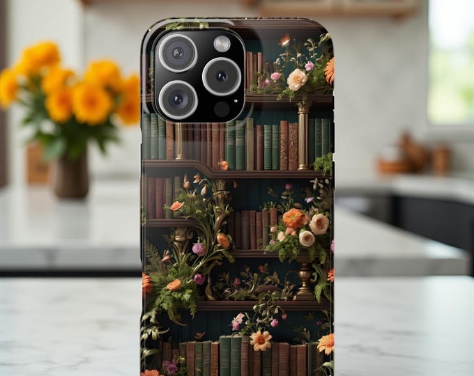 Slim Cases - Book Lover Bookshelf Flowers Phone Cover, Floral iPhone Case, Literary Reader Gift, Bookworm Present, Reading Accessories