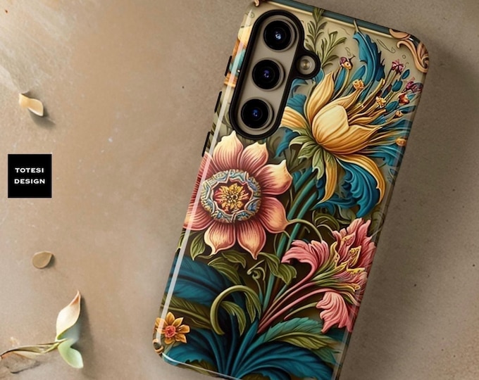 Chic Bold Vintage Floral iPhone Samsung Google Tough Case 16 15 14 13 12 Pro Max Plus| S24 S23 Plus Ultra Mini | Boho | Glossy or Matte