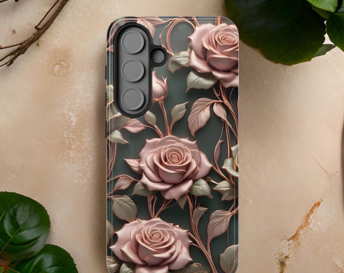 Chic Art Nouveau rose gold green Roses Aesthetic| Samsung Galaxy Tough Cell Phone Case S25 S24 S23 S22 Plus Ultra| iPhone 16 15 14 13 Pro