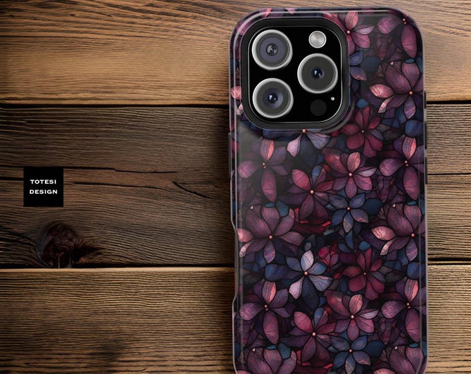 Phone Cases, Purple Floral Mosaic MagSafe Compatible iPhone Magnet Tough Case, Winter Gift for Her, Tough Covers, Pro Max Plus, 16 15 14 13
