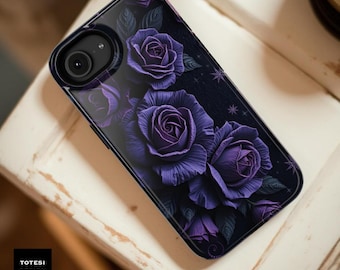 Gothic Dark Winter Floral Phone Case: Purple Roses, Impact Resistant