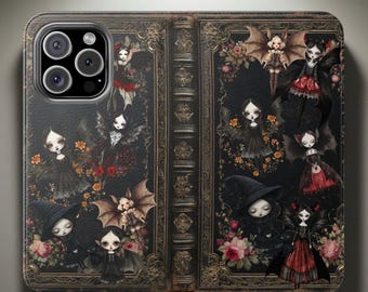 Halloween Phone Case Wallet, whimsical cute Goth Dolls Bookish Phone Cover Faux Leather Cardholder Stand