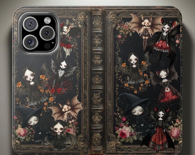 Halloween Phone Case Wallet, whimsical cute Goth Dolls Bookish Phone Cover Faux Leather Cardholder Stand