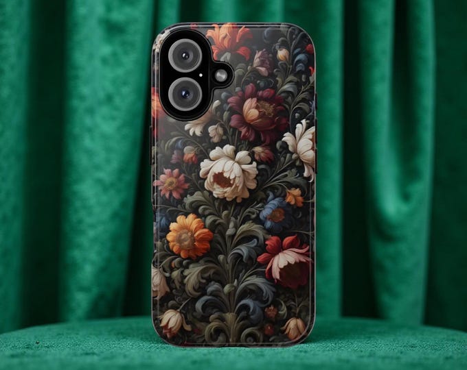 Phone Case, Dark Floral Tough Case Cover, Samsung Galaxy S25 S24 S23 Plus Ultra, IPhone 16 15 14 13 Pro Max Plus, Gift for Mom, Art Phone